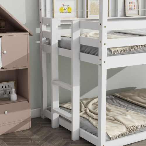 Bellemave® Twin Size House Loft Bed with Guardrails, Semi-enclosed Roof, Bedside Shelves and Ladder Bellemave®