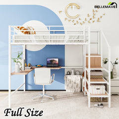 Bellemave® Metal Loft Bed with Desk and Metal Grid, Lateral Storage Ladder and Wardrobe