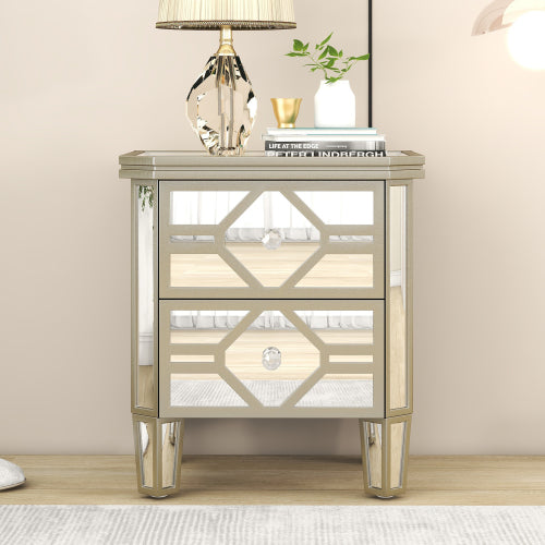 Bellemave® Elegant Mirrored 2-Drawer Side Table with Golden Lines