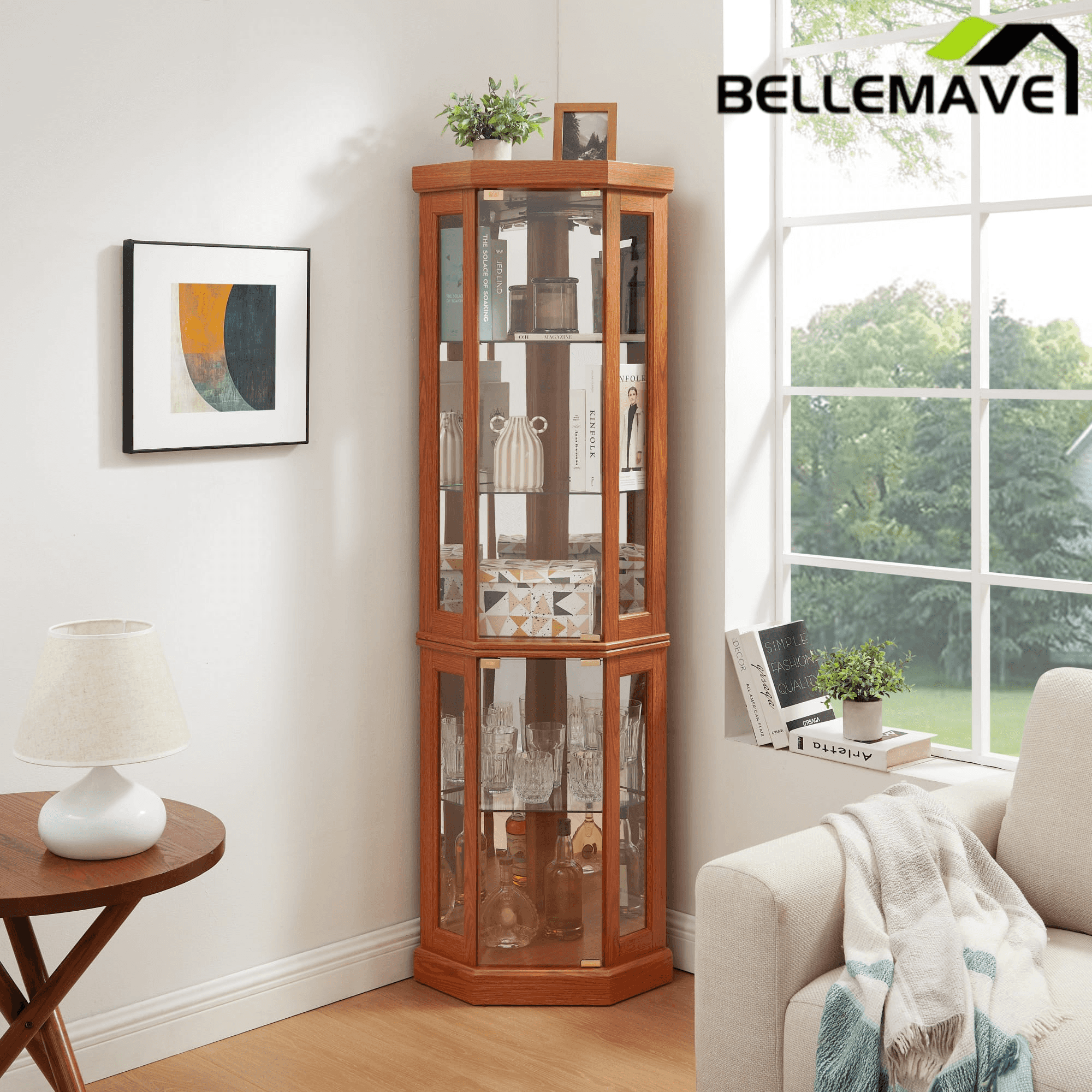 Bellemave® Corner Curio Cabinet with Tempered Glass Doors and Adjustable Shelves, Wine Bar China Cabinet for Living Room Liquor Storage Bellemave®