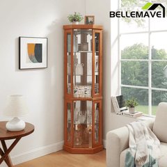 Bellemave® Corner Curio Cabinet with Tempered Glass Doors and Adjustable Shelves, Wine Bar China Cabinet for Living Room Liquor Storage Bellemave®