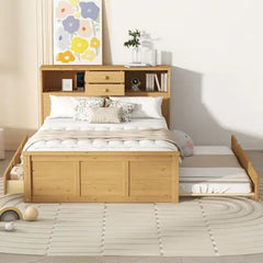 Bellemave Full Size Wood Pltaform Bed with Twin Size Trundle, 3 Drawers, Upper Shelves and A Set of USB Ports & Sockets Bellemave