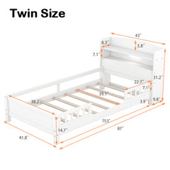 Bellemave® Wood Platform Bed with Built-in LED Light, Storage Headboard and Guardrail