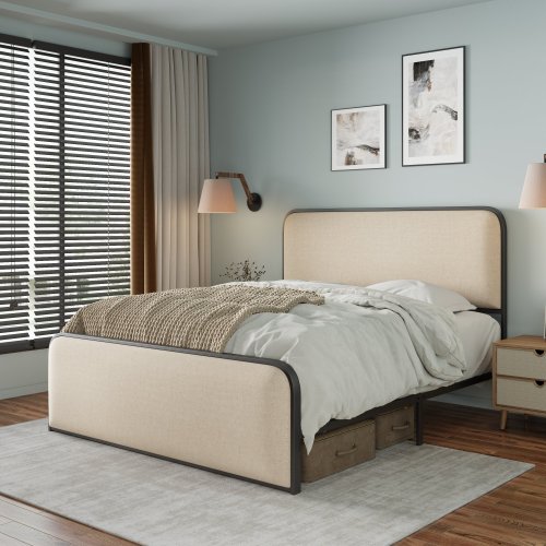 Bellemave® Modern Upholstered Platform Bed with Curved Upholstered Headboard and Heavy Duty Metal Slats Bellemave®