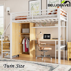 Bellemave® Twin Size Metal Loft Bed With Desk, Shelf, Wardrobe and Storage Staircase