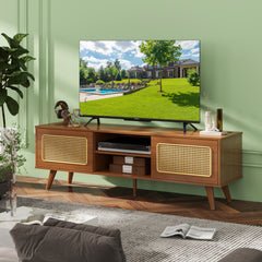 Bellemave® Mid Century Modern Rattan TV Stand with Solid Wood Feet & Rattan Cabinet Doors