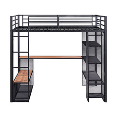 Bellemave® Full Size Metal Loft Bed with Storage Iron Mesh and MDF Shelves and Open Wardrobe