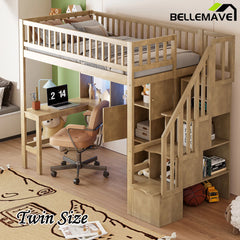 Bellemave® Twin Size Wood Loft Bed with Built-in Desk, LED, Storage Shelves, Cabinets and Staircase