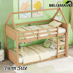 Bellemave® Twin Size Rubber Wood House Floor Bunk Bed with Headboards, Footboards and Guardrails, Ladder