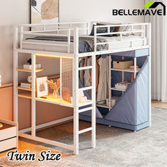 Bellemave® Loft Metal Bed with Desk,Shelves,Power Outlet,LED Light and Wardrobe