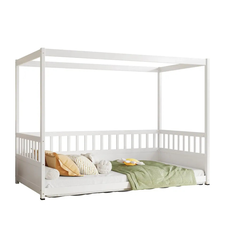 Bellemave® Twin Size Canopy Bed Frame with 4 Posters and Guardrails, Twin Size Montessori Floor Bed with High Fence Bellemave®