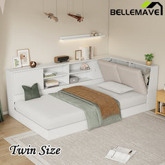 Bellemave® Twin Size Wooden L-Shaped Daybed with Storage Bookcase and Upholstered Headboard and USB Charging Ports