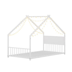 Bellemave® Twin Size Metal House Bed with Roof and Colorful Lights, Slats and Legs