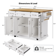 Bellemave® 54" Large Kitchen Island on 4 Wheels with Rubber Wood Drop Leaf, 4 Doors and 3 Drawers