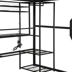 Bellemave® Full Size Metal Gaming Loft Bed with Built-in Work Station, Open Wardrobe, LED and Multiple Storage