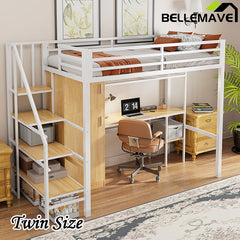 Bellemave® Twin Size Metal Loft Bed With Desk, Shelf, Wardrobe and Storage Staircase