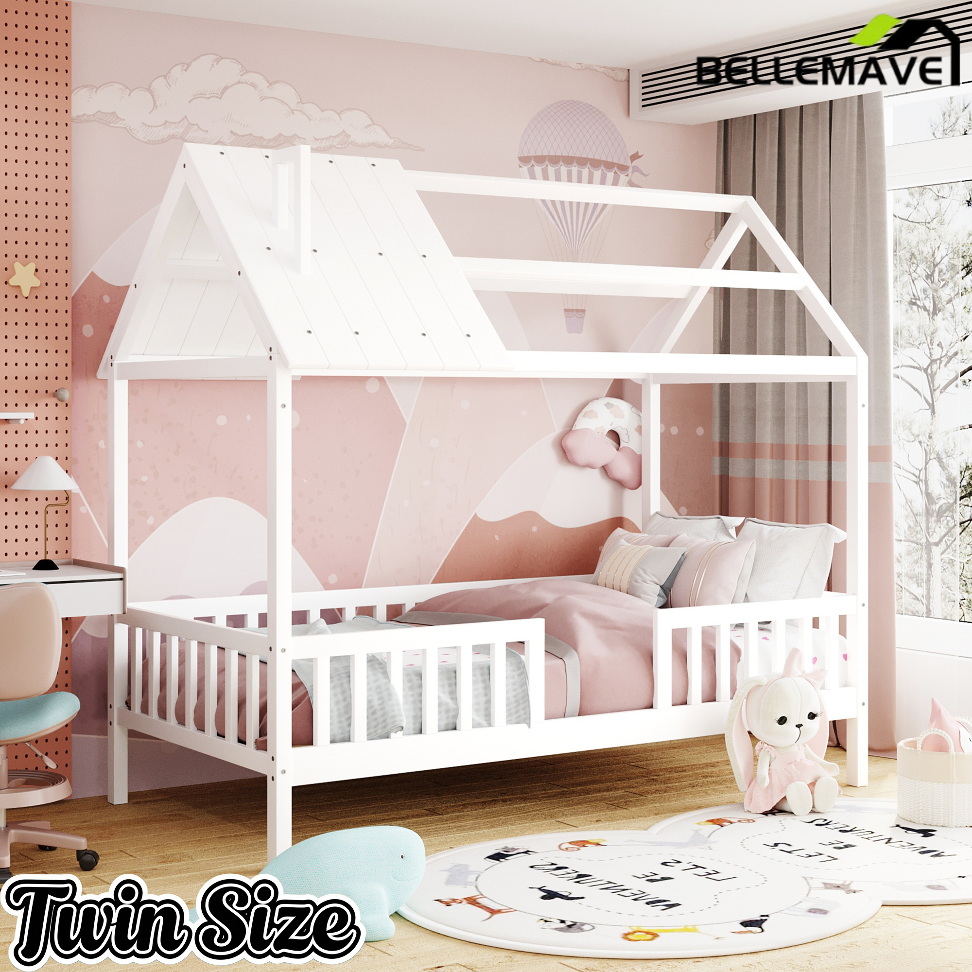 Bellemave® Twin Size House Bed with Fences for Kids, Wood Platform Bed Frame with Roof and Guardrails for Kids, Boys & Girls, White Bellemave®