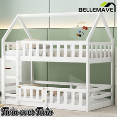 Bellemave House Bunk Bed for Kids, Twin Over Twin Floor Bunk Bed with Fence Railings and Door, Wooden Convertible Playhouse Loft Beds with Ladder for Boys Girls Teens, Gray Bellemave