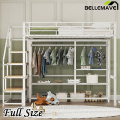 Bellemave® Metal Loft Bed with Wardrobe and Storage Shelves