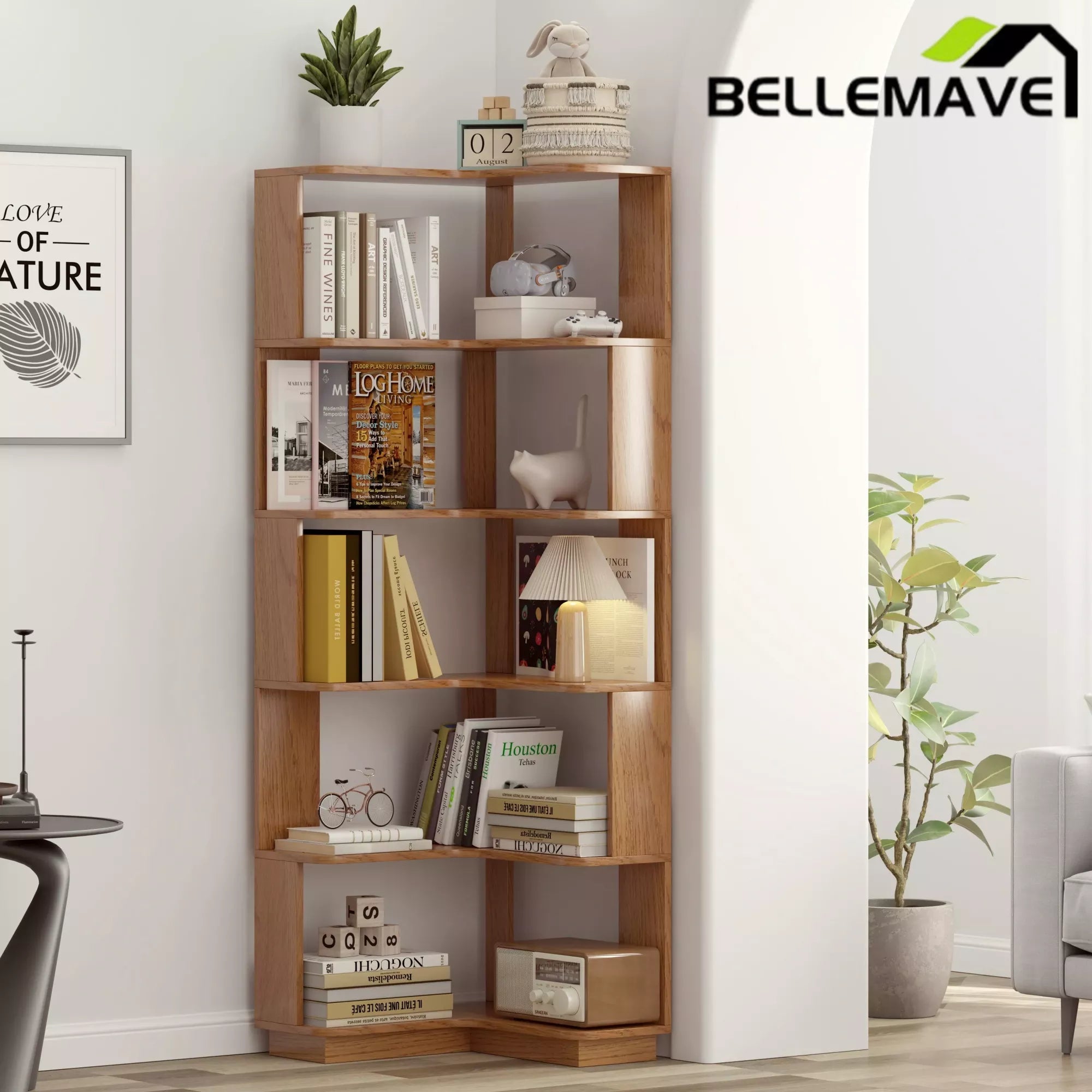 Bellemave® 6 Tier Corner Bookshelf, Industrial L Shaped Bookcase with Anti-Drop Panel, Freestanding Wood Grain Shelf Display Rack Storage Organizer for Home Office Bellemave®