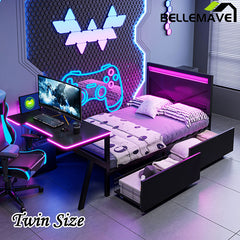 Bellemave® Metal Gaming Platform Bed with LED Headboard, LED Desk, USB and Two Storage Drawers