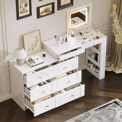 Bellemave® Vanity Desk with Mirror and Lights, Flip-Top Tabletop, 7 Storage Drawers, 9 Compartments