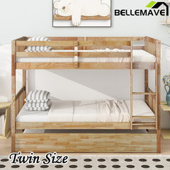 Bellemave® Twin Size Rubber Wood Bunk Bed with Trundle Bed, Convertible into 2 Twin Size Beds