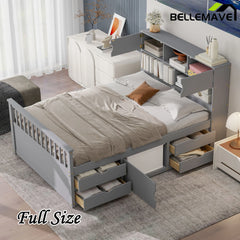 Bellemave® Full Size Captain Platform Bed with Storage Bookcases and Shelves,Four Drawers