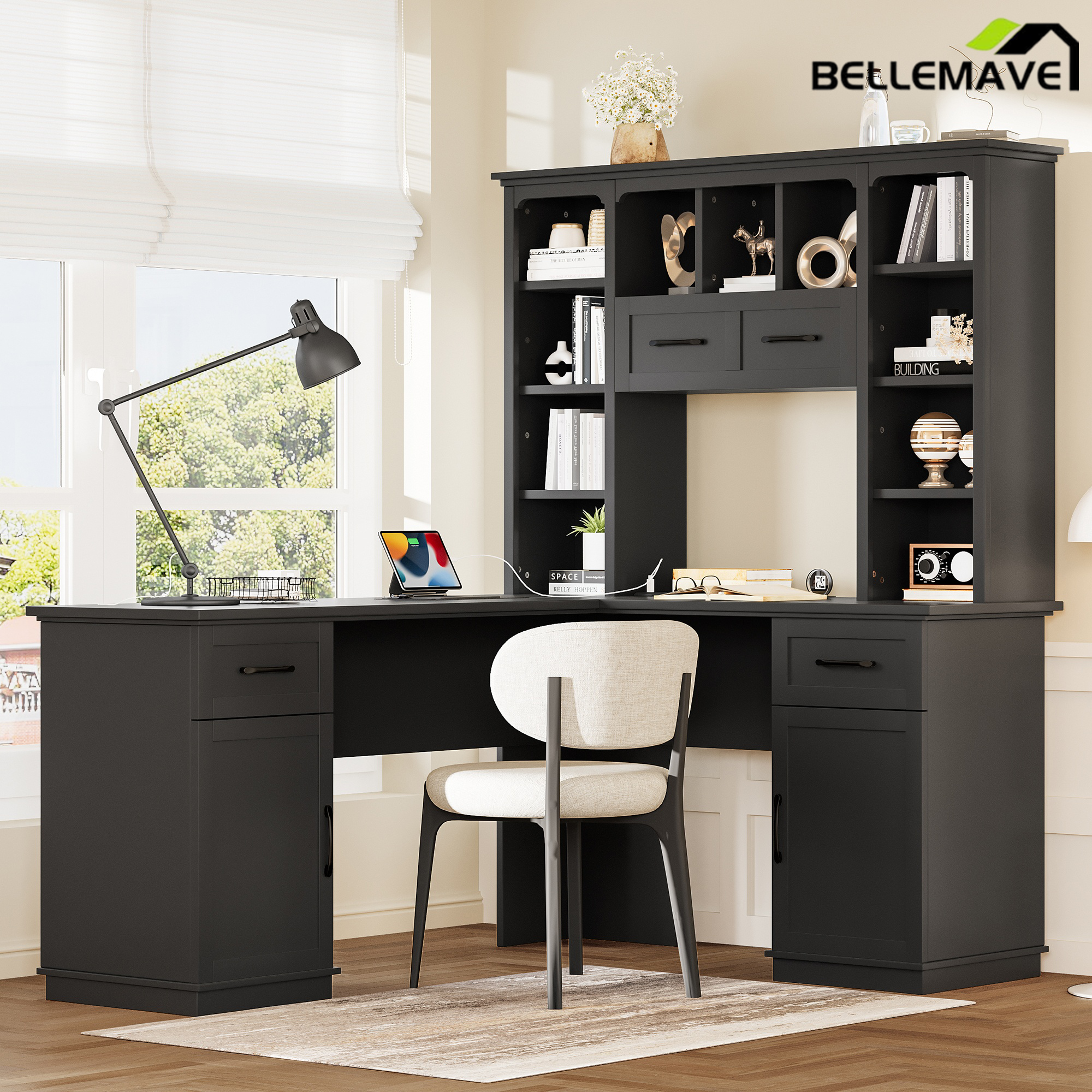 Bellemave® L-Shaped Computer Desk with Storage - 2 Cabinets & 2 Drawers & 12 Shelves, Black Corner Desk for Gaming, Home Office, Study and Living Room Bellemave®