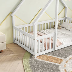 Bellemave® Wood House-Shaped Floor Bed with Fence and Guardrails