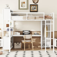 Bellemave® Full Size Metal Loft Bed with Wardrobe And L-shaped Desk, Storage Cubes and Shelves