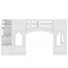 Bellemave® Twin Size Castle Shape Loft Bed with Storage Staircase and Window