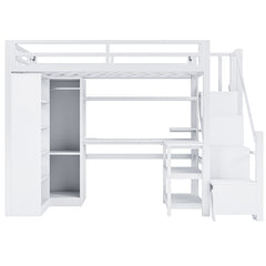 Bellemave® Metal Loft Bed With Desk, USB Ports, 5-Layer Shelf, Wardrobe and Stepped Stairs