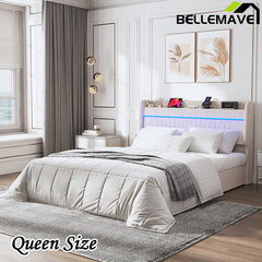 Bellemave® Queen Size Upholstered Platform Bed with Storage Upholstered Headboard and 4 Drawers,LED Lights & Charging Station