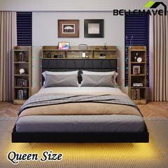 Bellemave® Queen Size  Upholstered Platform Bed with LED Light, Bookcase Storage Headboard and Charging Station