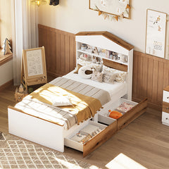 Bellemave® Twin Size House-Shaped Wooden Bed with Storage Shelf on the Headboard, Built-in Two Storage Drawers