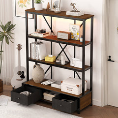 Bellemave® 3-Shelf Metal Vintage Industrial Style Bookcase with Drawers and LED Light