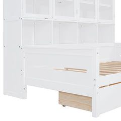 Bellemave® Wooden Daybed with Glass-Door Storage Cabinets, Built-in LED Lighting and Shelves