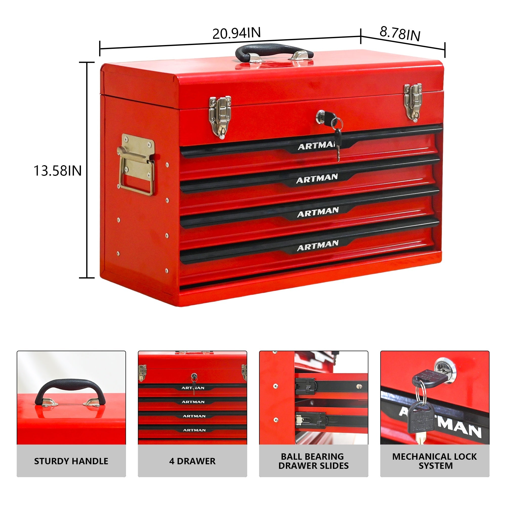 Bellemave® 20-inch Steel Portable Tool Box With Drawers - Tool Storage Box Organizer With Metal Lock Closure Device - Powder-coated Tool Storage Cabinet Bellemave®