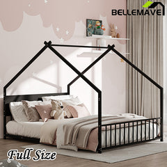 Bellemave® Twin Size Metal House Bed with Roof and Colorful Lights, Slats and Legs