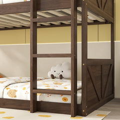 Bellemave® Twin Size Solid Rubber Wood Floor Bunk Bed with Panelled Headboard and Footboard,&nbsp; Safety Guardrails and Built-in ladder