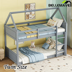 Bellemave® Twin Size Rubber Wood House Floor Bunk Bed with Headboards, Footboards and Guardrails, Ladder