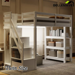 Bellemave® Wooden Loft Bed with Shelves, Storage Staircase, Small Wardrobe and White LED Light