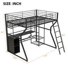 Bellemave® Full Size Metal Gaming Loft Bed with Built-in Work Station, Open Wardrobe, LED and Multiple Storage