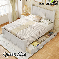 Bellemave® Farmhouse Style Four Square Poster Platform Bed with Three Storage Drawers