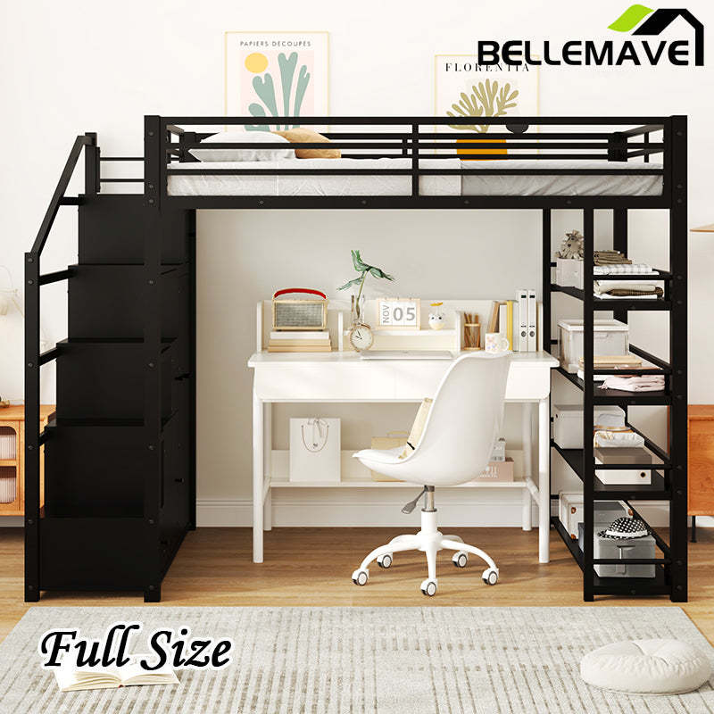 Bellemave® Full Size Metal Loft Bed with Storage Shelves, Cabinets and Wardrobe