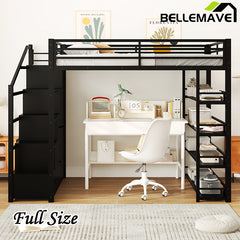 Bellemave® Full Size Metal Loft Bed with Storage Shelves, Cabinets and Wardrobe