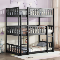 Bellemave® Twin over Twin over Twin Rubber Wood Triple Bunk Bed with Ladders and Guardrails(Detachable)