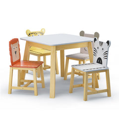 Bellemave® 5 Piece Cartoon Animals Kids Wood Table with 4 Chairs Set