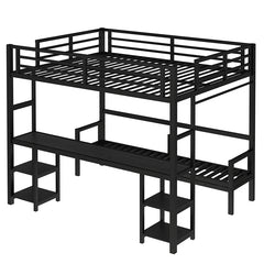 Bellemave® Queen over Twin XL Metal Bunk Bed/Loft Bed with Desk and Shelves, Multiple Uses Folds into Sofa with LED and USB